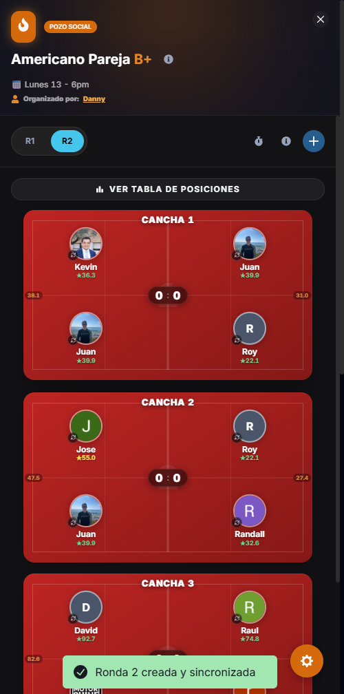 PadelFlow — Vista de canchas en un Pozo con jugadores y ratings