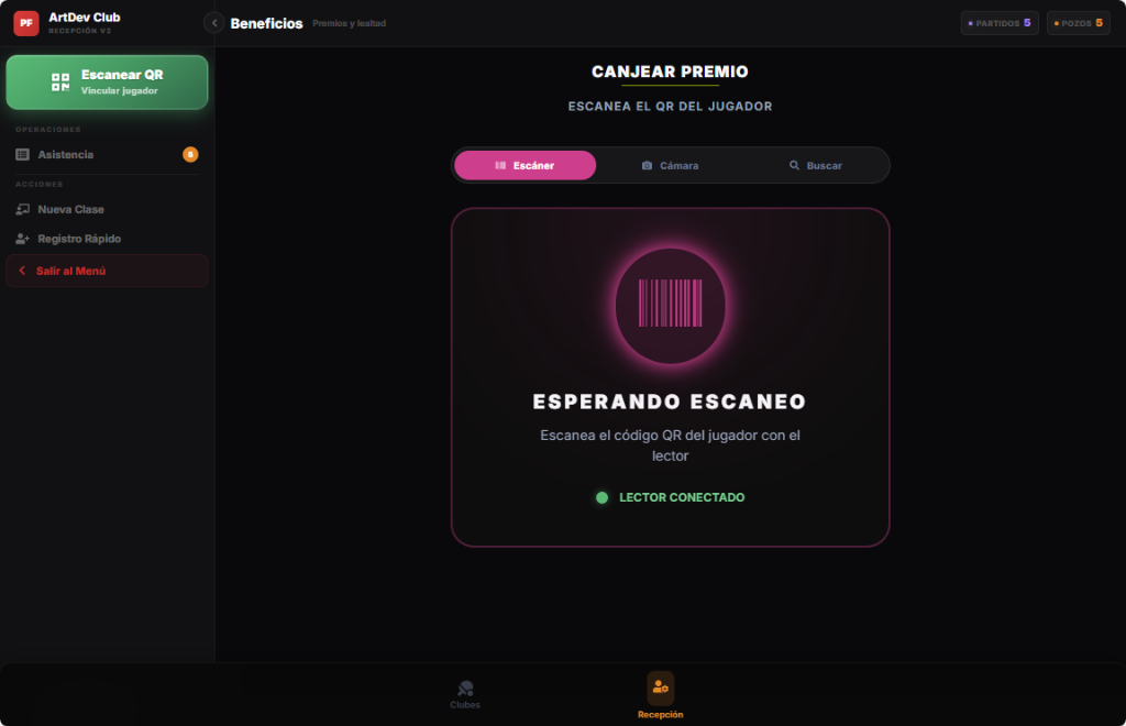 PadelFlow — Panel de recepción con escáner QR y premios